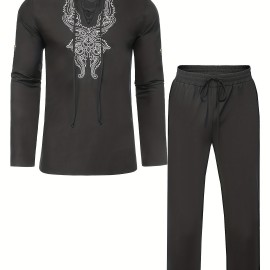 Cotton Boho Style Pattern Embroidery Men's 2 Pieces Outfits, Long Sleeve Lace Up Shirt And Drawstring Solid Trousers Set Cotton Boho Style Pattern Embroidery Men's 2 Pieces Outfits, Long Sleeve Lace Up Shirt And Drawstring Solid Trousers Set