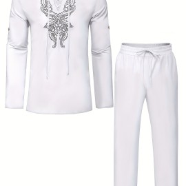 Cotton Boho Style Pattern Embroidery Men's 2 Pieces Outfits, Long Sleeve Lace Up Shirt And Drawstring Solid Trousers Set Cotton Boho Style Pattern Embroidery Men's 2 Pieces Outfits, Long Sleeve Lace Up Shirt And Drawstring Solid Trousers Set