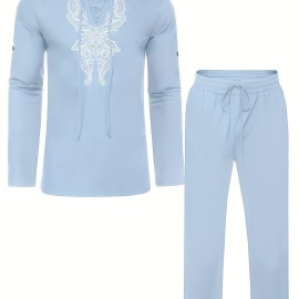 Cotton Boho Style Pattern Embroidery Men's 2 Pieces Outfits, Long Sleeve Lace Up Shirt And Drawstring Solid Trousers Set Cotton Boho Style Pattern Embroidery Men's 2 Pieces Outfits, Long Sleeve Lace Up Shirt And Drawstring Solid Trousers Set