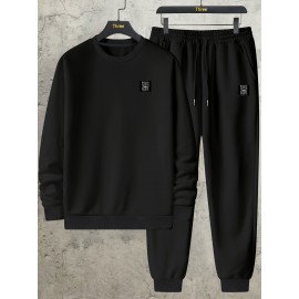 Sweatshirt And Pants Two-piece Set, Pattern Print Men's Long Sleeve Round Neck Street Casual Sports And Fashionable Sweatshirt, Elastic Drawstring Trousers, For Outdoor Sports,For Autumn And Winter