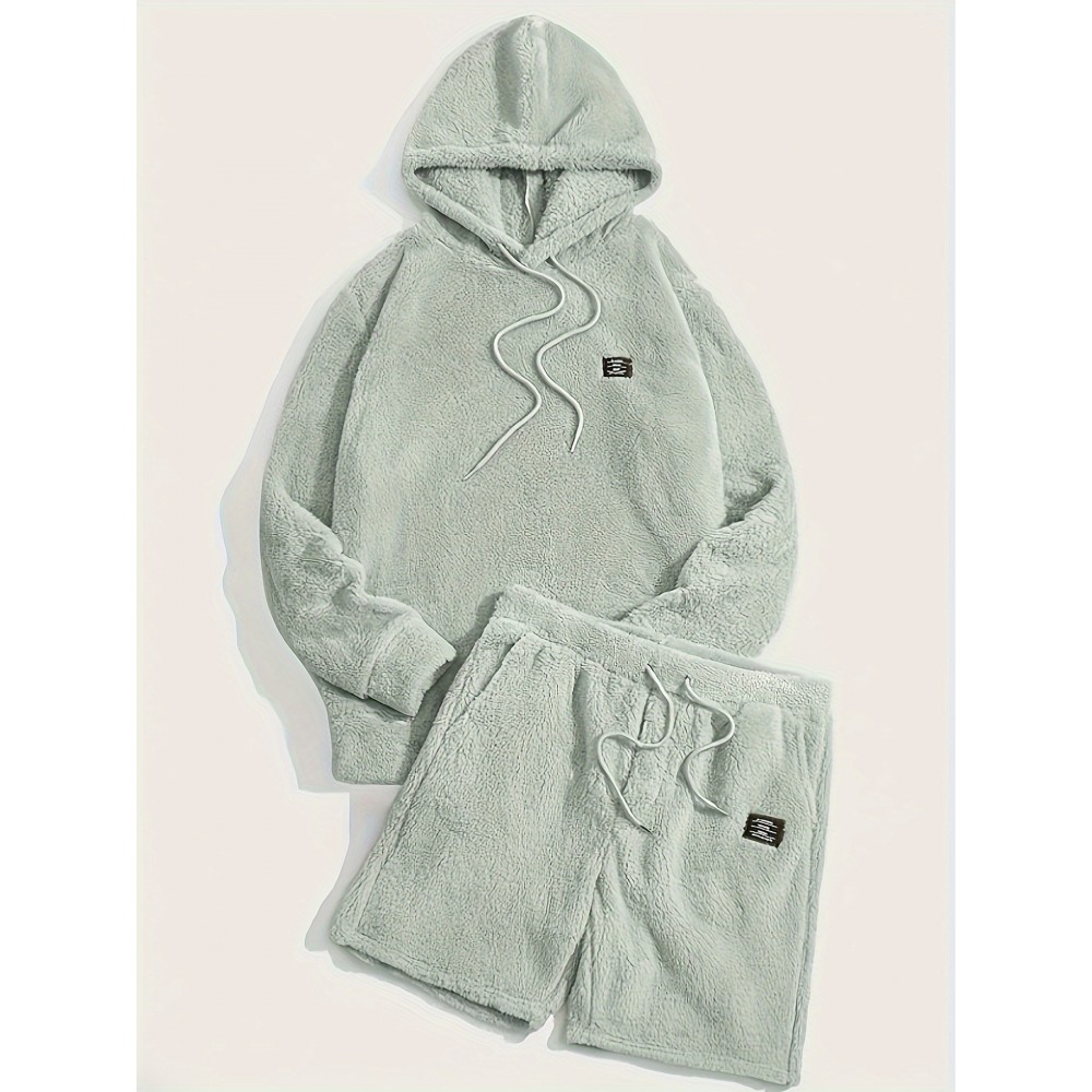 Men's Fluffy 2Pcs Outfits, Casual Hoodies Long Sleeve Pullover Hooded Sweatshirt Snuddie And Sweatpants Shorts Set For Spring Fall, Men's Clothing Men's Fluffy 2Pcs Outfits, Casual Hoodies Long Sleeve Pullover Hooded Sweatshirt Snuddie And Sweatpants Shorts Set For Spring Fall, Men's Clothing