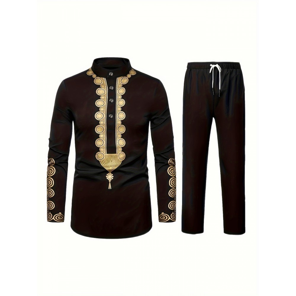 Men's Traditional Long Sleeve Casual African Lightweight Long Shirt, Cheongsam Collar Style Men's Traditional Long Sleeve Casual African Lightweight Long Shirt, Cheongsam Collar Style