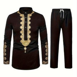Men's Traditional Long Sleeve Casual African Lightweight Long Shirt, Cheongsam Collar Style Men's Traditional Long Sleeve Casual African Lightweight Long Shirt, Cheongsam Collar Style