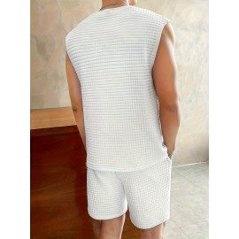 Men's 2 Piece Outfits,  Waffle Pattern , Casual Graphic Tanktop And Loose Drawstring Shorts Set, Men's Clothing Men's 2 Piece Outfits,  Waffle Pattern , Casual Graphic Tanktop And Loose Drawstring Shorts Set, Men's Clothing
