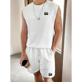 Men's 2 Piece Outfits,  Waffle Pattern , Casual Graphic Tanktop And Loose Drawstring Shorts Set, Men's Clothing Men's 2 Piece Outfits,  Waffle Pattern , Casual Graphic Tanktop And Loose Drawstring Shorts Set, Men's Clothing