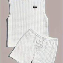 Men's 2 Piece Outfits,  Waffle Pattern , Casual Graphic Tanktop And Loose Drawstring Shorts Set, Men's Clothing Men's 2 Piece Outfits,  Waffle Pattern , Casual Graphic Tanktop And Loose Drawstring Shorts Set, Men's Clothing