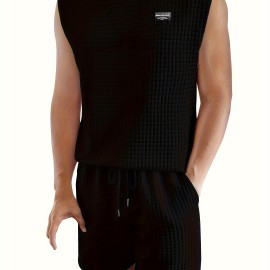 Men's 2 Piece Outfits,  Waffle Pattern , Casual Graphic Tanktop And Loose Drawstring Shorts Set, Men's Clothing Men's 2 Piece Outfits,  Waffle Pattern , Casual Graphic Tanktop And Loose Drawstring Shorts Set, Men's Clothing