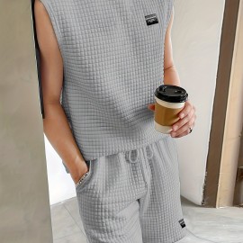 Men's 2 Piece Outfits,  Waffle Pattern , Casual Graphic Tanktop And Loose Drawstring Shorts Set, Men's Clothing Men's 2 Piece Outfits,  Waffle Pattern , Casual Graphic Tanktop And Loose Drawstring Shorts Set, Men's Clothing