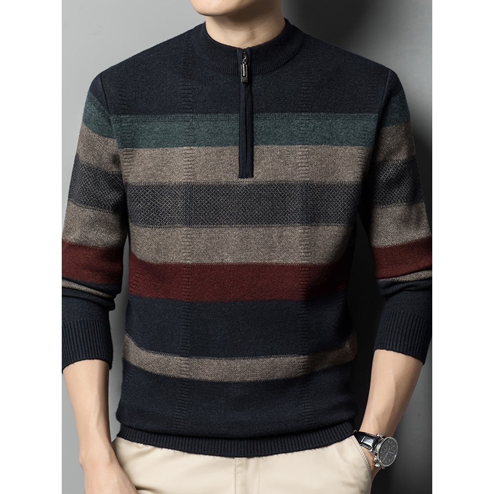 All Match Knitted Striped Sweater, Men's Casual Warm High Stretch Half Zipper Pullover Sweater For Men Fall Winter All Match Knitted Striped Sweater, Men's Casual Warm High Stretch Half Zipper Pullover Sweater For Men Fall Winter