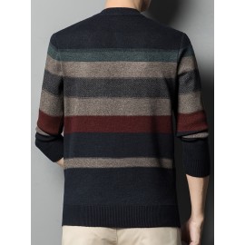 All Match Knitted Striped Sweater, Men's Casual Warm High Stretch Half Zipper Pullover Sweater For Men Fall Winter All Match Knitted Striped Sweater, Men's Casual Warm High Stretch Half Zipper Pullover Sweater For Men Fall Winter