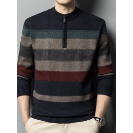 All Match Knitted Striped Sweater, Men's Casual Warm High Stretch Half Zipper Pullover Sweater For Men Fall Winter All Match Knitted Striped Sweater, Men's Casual Warm High Stretch Half Zipper Pullover Sweater For Men Fall Winter