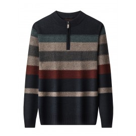All Match Knitted Striped Sweater, Men's Casual Warm High Stretch Half Zipper Pullover Sweater For Men Fall Winter All Match Knitted Striped Sweater, Men's Casual Warm High Stretch Half Zipper Pullover Sweater For Men Fall Winter