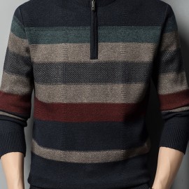 All Match Knitted Striped Sweater, Men's Casual Warm High Stretch Half Zipper Pullover Sweater For Men Fall Winter All Match Knitted Striped Sweater, Men's Casual Warm High Stretch Half Zipper Pullover Sweater For Men Fall Winter