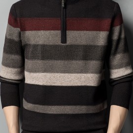 All Match Knitted Striped Sweater, Men's Casual Warm High Stretch Half Zipper Pullover Sweater For Men Fall Winter All Match Knitted Striped Sweater, Men's Casual Warm High Stretch Half Zipper Pullover Sweater For Men Fall Winter