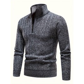 Turtle Neck With Zipper Knitted Texture Sweater, Men's Casual Warm Solid Color Mid Stretch Pullover Sweater For Fall Winter Turtle Neck With Zipper Knitted Texture Sweater, Men's Casual Warm Solid Color Mid Stretch Pullover Sweater For Fall Winter