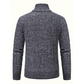 Turtle Neck With Zipper Knitted Texture Sweater, Men's Casual Warm Solid Color Mid Stretch Pullover Sweater For Fall Winter Turtle Neck With Zipper Knitted Texture Sweater, Men's Casual Warm Solid Color Mid Stretch Pullover Sweater For Fall Winter