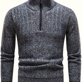 Turtle Neck With Zipper Knitted Texture Sweater, Men's Casual Warm Solid Color Mid Stretch Pullover Sweater For Fall Winter Turtle Neck With Zipper Knitted Texture Sweater, Men's Casual Warm Solid Color Mid Stretch Pullover Sweater For Fall Winter
