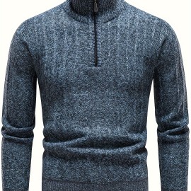 Turtle Neck With Zipper Knitted Texture Sweater, Men's Casual Warm Solid Color Mid Stretch Pullover Sweater For Fall Winter Turtle Neck With Zipper Knitted Texture Sweater, Men's Casual Warm Solid Color Mid Stretch Pullover Sweater For Fall Winter