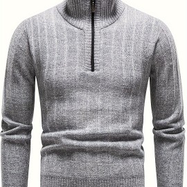 Turtle Neck With Zipper Knitted Texture Sweater, Men's Casual Warm Solid Color Mid Stretch Pullover Sweater For Fall Winter Turtle Neck With Zipper Knitted Texture Sweater, Men's Casual Warm Solid Color Mid Stretch Pullover Sweater For Fall Winter