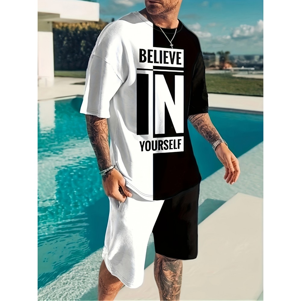 Believe In Yourself Print, Men's 2Pcs Outfits, Casual Crew Neck Short Sleeve T-shirt And Drawstring Shorts Set For Summer, Men's Clothing Believe In Yourself Print, Men's 2Pcs Outfits, Casual Crew Neck Short Sleeve T-shirt And Drawstring Shorts Set For Summer, Men's Clothing