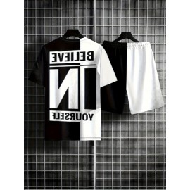 Believe In Yourself Print, Men's 2Pcs Outfits, Casual Crew Neck Short Sleeve T-shirt And Drawstring Shorts Set For Summer, Men's Clothing Believe In Yourself Print, Men's 2Pcs Outfits, Casual Crew Neck Short Sleeve T-shirt And Drawstring Shorts Set For Summer, Men's Clothing