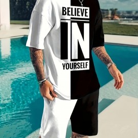 Believe In Yourself Print, Men's 2Pcs Outfits, Casual Crew Neck Short Sleeve T-shirt And Drawstring Shorts Set For Summer, Men's Clothing Believe In Yourself Print, Men's 2Pcs Outfits, Casual Crew Neck Short Sleeve T-shirt And Drawstring Shorts Set For Summer, Men's Clothing