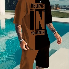 Believe In Yourself Print, Men's 2Pcs Outfits, Casual Crew Neck Short Sleeve T-shirt And Drawstring Shorts Set For Summer, Men's Clothing Believe In Yourself Print, Men's 2Pcs Outfits, Casual Crew Neck Short Sleeve T-shirt And Drawstring Shorts Set For Summer, Men's Clothing