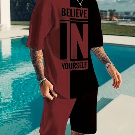Believe In Yourself Print, Men's 2Pcs Outfits, Casual Crew Neck Short Sleeve T-shirt And Drawstring Shorts Set For Summer, Men's Clothing Believe In Yourself Print, Men's 2Pcs Outfits, Casual Crew Neck Short Sleeve T-shirt And Drawstring Shorts Set For Summer, Men's Clothing