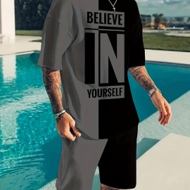 Believe In Yourself Print, Men's 2Pcs Outfits, Casual Crew Neck Short Sleeve T-shirt And Drawstring Shorts Set For Summer, Men's Clothing Believe In Yourself Print, Men's 2Pcs Outfits, Casual Crew Neck Short Sleeve T-shirt And Drawstring Shorts Set For Summer, Men's Clothing