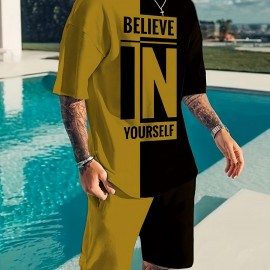 Believe In Yourself Print, Men's 2Pcs Outfits, Casual Crew Neck Short Sleeve T-shirt And Drawstring Shorts Set For Summer, Men's Clothing Believe In Yourself Print, Men's 2Pcs Outfits, Casual Crew Neck Short Sleeve T-shirt And Drawstring Shorts Set For Summer, Men's Clothing
