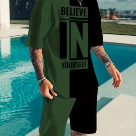 Believe In Yourself Print, Men's 2Pcs Outfits, Casual Crew Neck Short Sleeve T-shirt And Drawstring Shorts Set For Summer, Men's Clothing Believe In Yourself Print, Men's 2Pcs Outfits, Casual Crew Neck Short Sleeve T-shirt And Drawstring Shorts Set For Summer, Men's Clothing