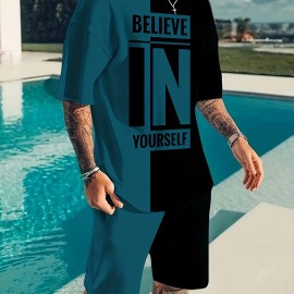 Believe In Yourself Print, Men's 2Pcs Outfits, Casual Crew Neck Short Sleeve T-shirt And Drawstring Shorts Set For Summer, Men's Clothing Believe In Yourself Print, Men's 2Pcs Outfits, Casual Crew Neck Short Sleeve T-shirt And Drawstring Shorts Set For Summer, Men's Clothing