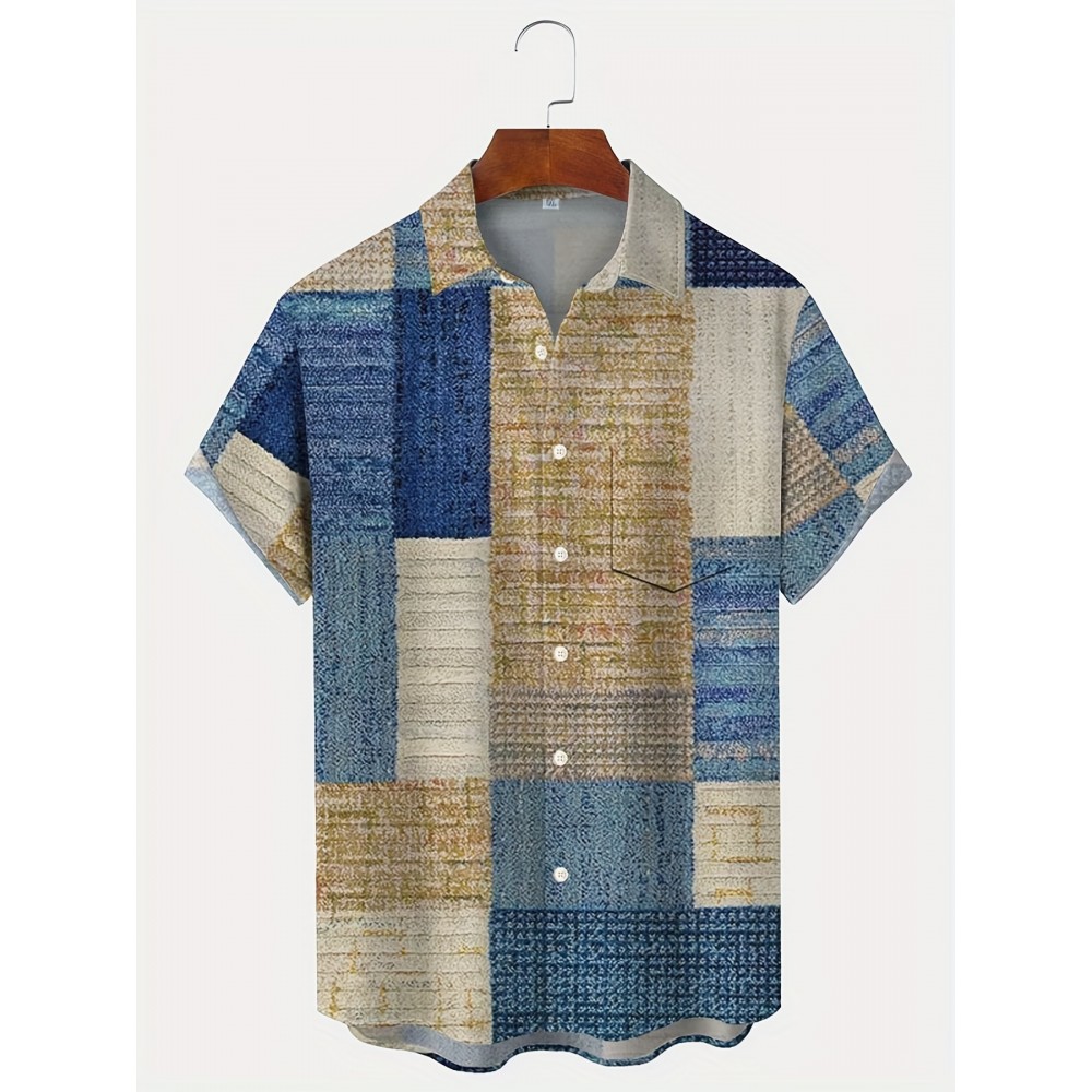 Retro Carpet Texture Geometric Pattern Men's Casual Short Sleeve Lapel Shirt, Summer Outdoor Retro Carpet Texture Geometric Pattern Men's Casual Short Sleeve Lapel Shirt, Summer Outdoor