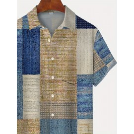 Retro Carpet Texture Geometric Pattern Men's Casual Short Sleeve Lapel Shirt, Summer Outdoor Retro Carpet Texture Geometric Pattern Men's Casual Short Sleeve Lapel Shirt, Summer Outdoor