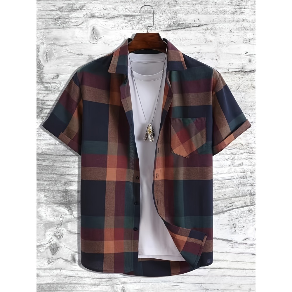 Men's Plaid Turndown Collar Short Sleeve Shirt, Trendy Comfy Shirt For Spring Summer Autumn Men's Plaid Turndown Collar Short Sleeve Shirt, Trendy Comfy Shirt For Spring Summer Autumn