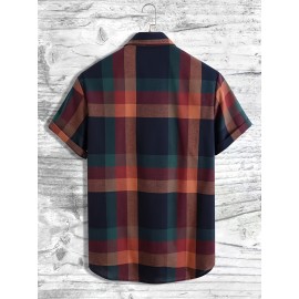 Men's Plaid Turndown Collar Short Sleeve Shirt, Trendy Comfy Shirt For Spring Summer Autumn Men's Plaid Turndown Collar Short Sleeve Shirt, Trendy Comfy Shirt For Spring Summer Autumn