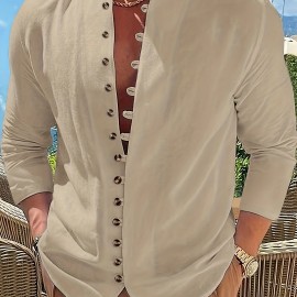 Retro Style Men's Casual Solid Long Sleeve Shirt, Men's Clothes For Spring Summer Autumn, Tops For Men Retro Style Men's Casual Solid Long Sleeve Shirt, Men's Clothes For Spring Summer Autumn, Tops For Men