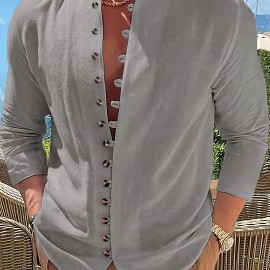 Retro Style Men's Casual Solid Long Sleeve Shirt, Men's Clothes For Spring Summer Autumn, Tops For Men Retro Style Men's Casual Solid Long Sleeve Shirt, Men's Clothes For Spring Summer Autumn, Tops For Men