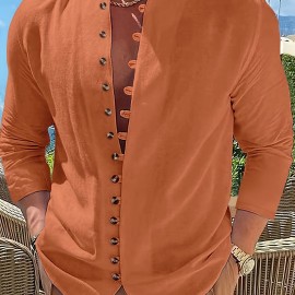 Retro Style Men's Casual Solid Long Sleeve Shirt, Men's Clothes For Spring Summer Autumn, Tops For Men Retro Style Men's Casual Solid Long Sleeve Shirt, Men's Clothes For Spring Summer Autumn, Tops For Men