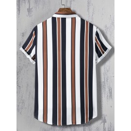 Trendy Stripe Print Men's Casual Short Sleeve Shirt, Men's Shirt For Summer Vacation Resort, Tops For Men