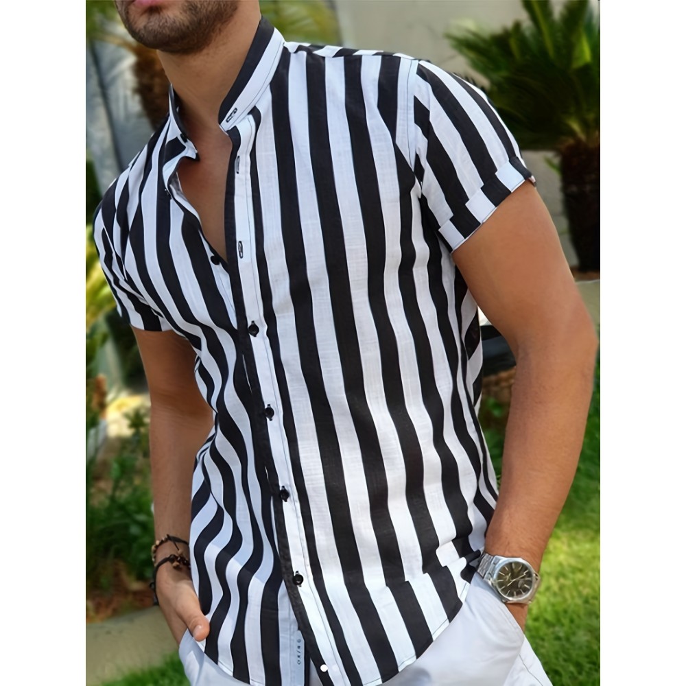 Men's Casual Stripe Mismatch Pattern Mandarin Collar Short Sleeve Shirt, Male Hawaiian Shirt For Summer Men's Casual Stripe Mismatch Pattern Mandarin Collar Short Sleeve Shirt, Male Hawaiian Shirt For Summer