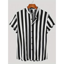 Men's Casual Stripe Mismatch Pattern Mandarin Collar Short Sleeve Shirt, Male Hawaiian Shirt For Summer Men's Casual Stripe Mismatch Pattern Mandarin Collar Short Sleeve Shirt, Male Hawaiian Shirt For Summer