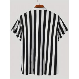 Men's Casual Stripe Mismatch Pattern Mandarin Collar Short Sleeve Shirt, Male Hawaiian Shirt For Summer Men's Casual Stripe Mismatch Pattern Mandarin Collar Short Sleeve Shirt, Male Hawaiian Shirt For Summer