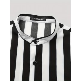 Men's Casual Stripe Mismatch Pattern Mandarin Collar Short Sleeve Shirt, Male Hawaiian Shirt For Summer Men's Casual Stripe Mismatch Pattern Mandarin Collar Short Sleeve Shirt, Male Hawaiian Shirt For Summer