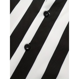 Men's Casual Stripe Mismatch Pattern Mandarin Collar Short Sleeve Shirt, Male Hawaiian Shirt For Summer Men's Casual Stripe Mismatch Pattern Mandarin Collar Short Sleeve Shirt, Male Hawaiian Shirt For Summer