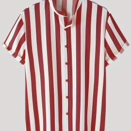 Men's Casual Stripe Mismatch Pattern Mandarin Collar Short Sleeve Shirt, Male Hawaiian Shirt For Summer Men's Casual Stripe Mismatch Pattern Mandarin Collar Short Sleeve Shirt, Male Hawaiian Shirt For Summer