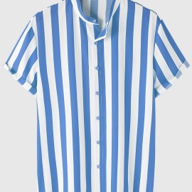 Men's Casual Stripe Mismatch Pattern Mandarin Collar Short Sleeve Shirt, Male Hawaiian Shirt For Summer Men's Casual Stripe Mismatch Pattern Mandarin Collar Short Sleeve Shirt, Male Hawaiian Shirt For Summer