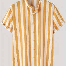 Men's Casual Stripe Mismatch Pattern Mandarin Collar Short Sleeve Shirt, Male Hawaiian Shirt For Summer Men's Casual Stripe Mismatch Pattern Mandarin Collar Short Sleeve Shirt, Male Hawaiian Shirt For Summer