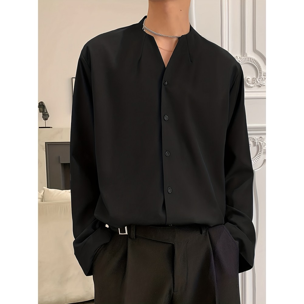 V-neck Men's Solid Long Sleeve Formal Shirt, Casual Men's Top For Spring Fall, Lightweight Male Clothing For Formal Occasions V-neck Men's Solid Long Sleeve Formal Shirt, Casual Men's Top For Spring Fall, Lightweight Male Clothing For Formal Occasions