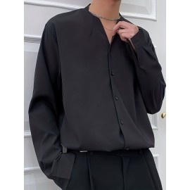 V-neck Men's Solid Long Sleeve Formal Shirt, Casual Men's Top For Spring Fall, Lightweight Male Clothing For Formal Occasions V-neck Men's Solid Long Sleeve Formal Shirt, Casual Men's Top For Spring Fall, Lightweight Male Clothing For Formal Occasions